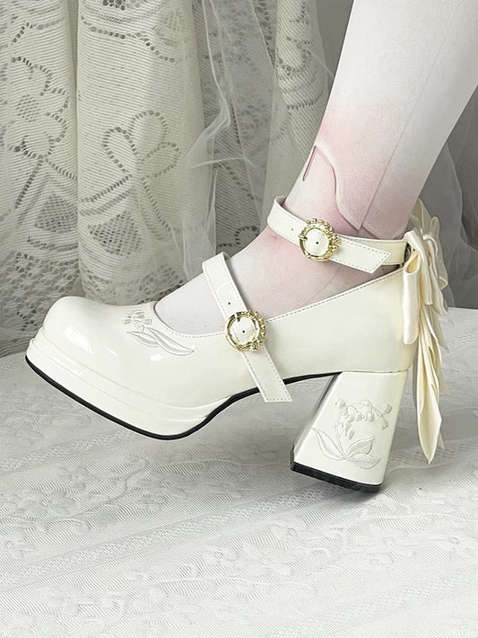Lily Poliert die Heels Weiß Mary Middle Janes Abnehmbare Tal Stickerei Bowknot von