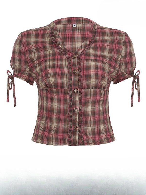 チェック柄袖フリルトリム柄シャツ Vネック Y2K ショートパンツ レッドブラウン