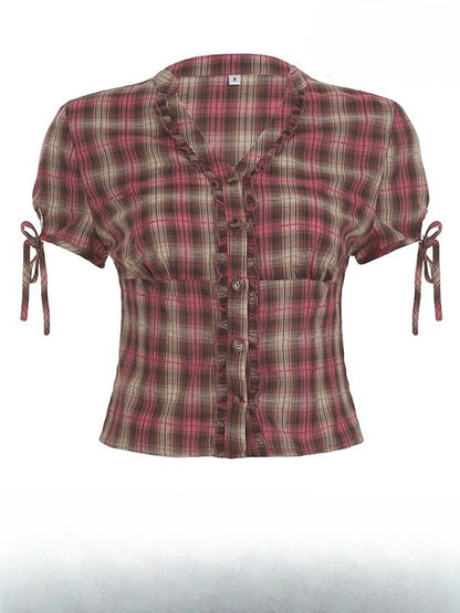 チェック柄袖フリルトリム柄シャツ Vネック Y2K ショートパンツ レッドブラウン