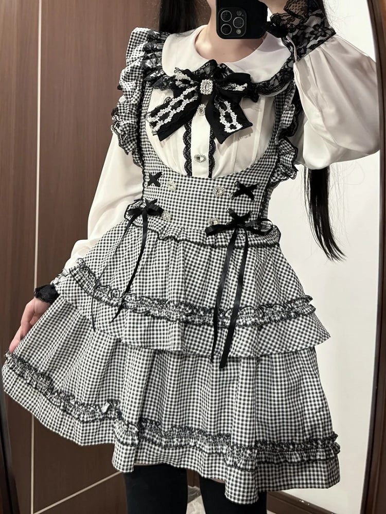 Jirai Kei Coord Set: Black Plaid Tiered Susender Skirt & White Heart Rhinestone Blouse