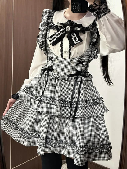 Jirai Kei Coord Set: Black Plaid Tiered Susender Skirt & White Heart Rhinestone Blouse