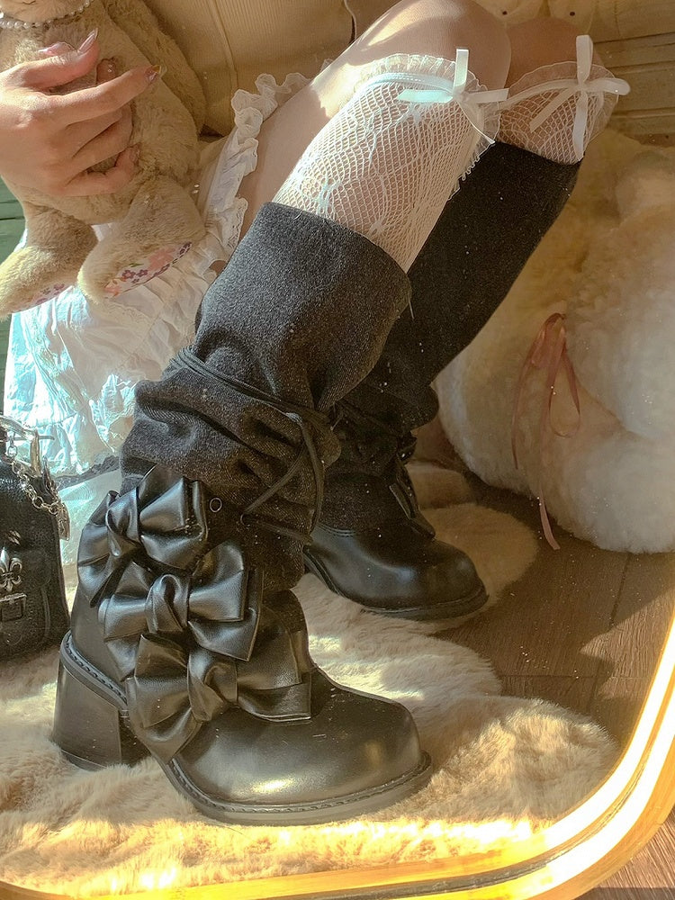 Lacing Boots Mid-heel Stacked Accents Bow - Design Black Bittersweet