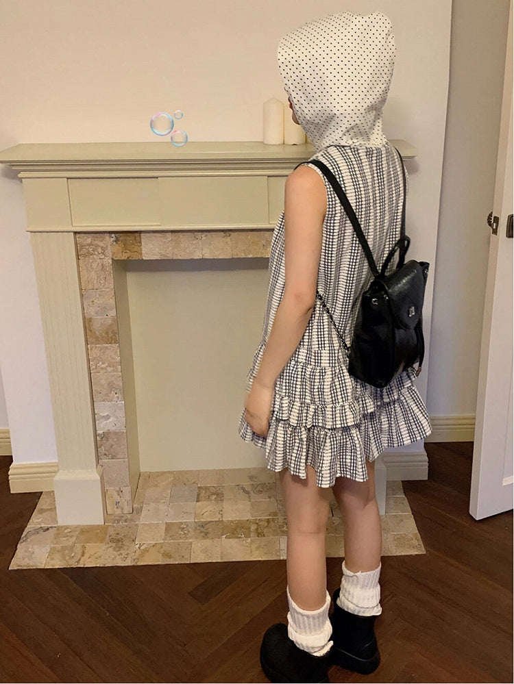 and Hooded Dots Polka Sleeveless Plaid with White Black Pattern Dress