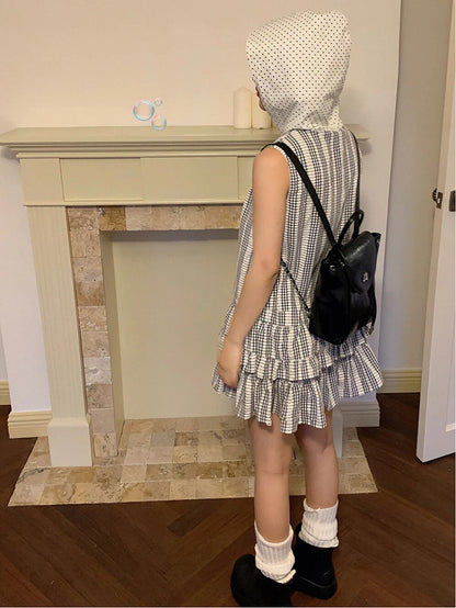 and Hooded Dots Polka Sleeveless Plaid with White Black Pattern Dress
