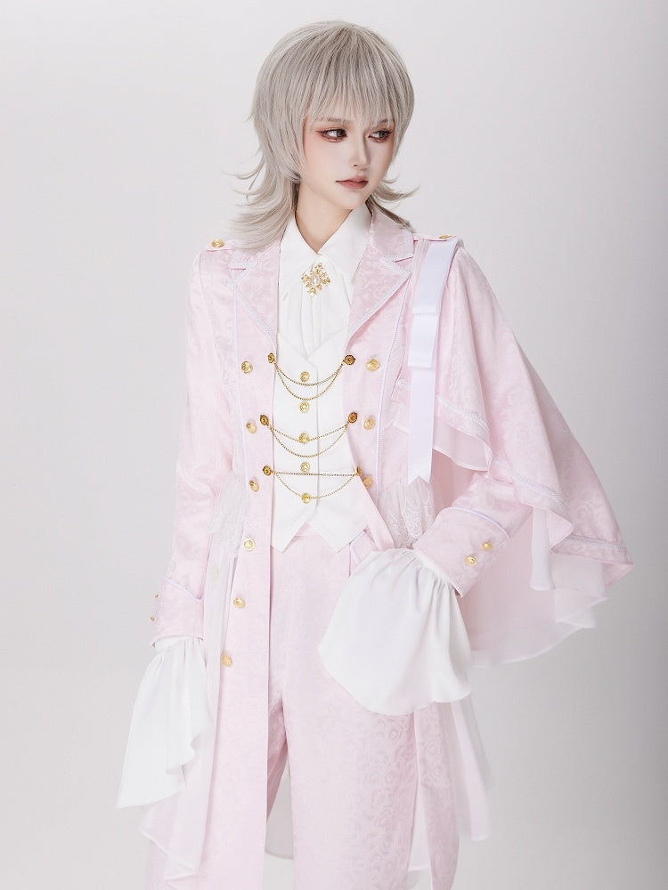 Pink Cherry Blossom Jacquard Coat with One-Shoulder Cape - DevilInspired Exclusive Collection