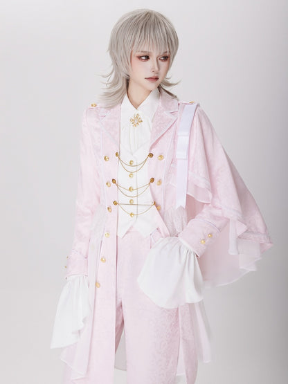 Pink Cherry Blossom Jacquard Coat with One-Shoulder Cape - DevilInspired Exclusive Collection