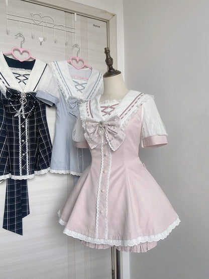 Set aus rosa/hellblauen Shorts mit Schleife hinten, Matrosenkragen, selbstbindendem Minikleid + gerüschtem hellem Saum, Jirai Kei