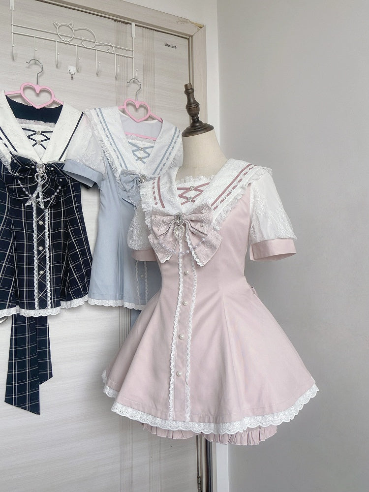 Light Pink Sailor Collar Mini Dress with Ruffled Shorts Set - Broken Bear