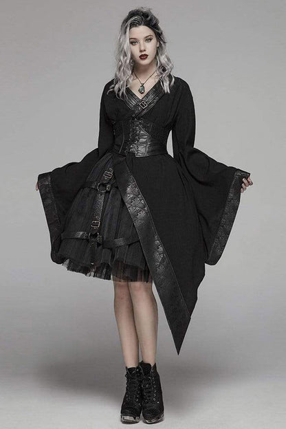 Black V-Neck Metal Buckle Waist Lace-Up Flare Sleeve Wave Print Asymmetric Hem Kimono Punk Dress