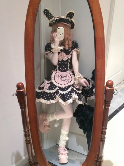 Details Bunny + Sweet OP Hairband Bow Polka Pink Strawberry Lace and Dot with Full Choker Set Lolita Dress Ear Bonnet Themed Black