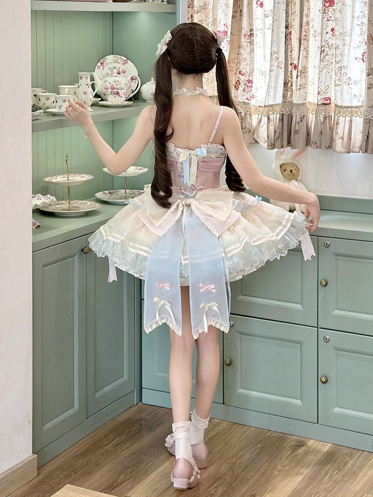 Kleid Akzente Korsett Stäbchen Riemen Regenbogen Lolita Rock Schleife Dünne Pullover Schulter Pastell