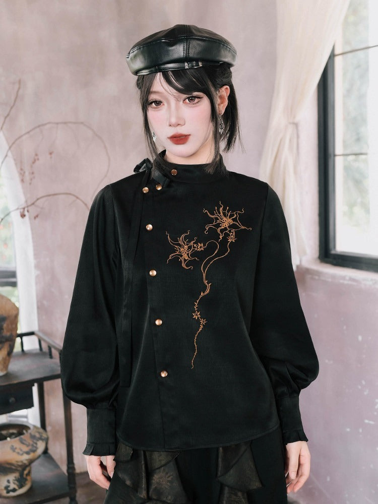 Black Stand Collar Long Sleeve Shirt with Asymmetric Placket, Mandala Embroidery and Tie Accents - Quirky Hut