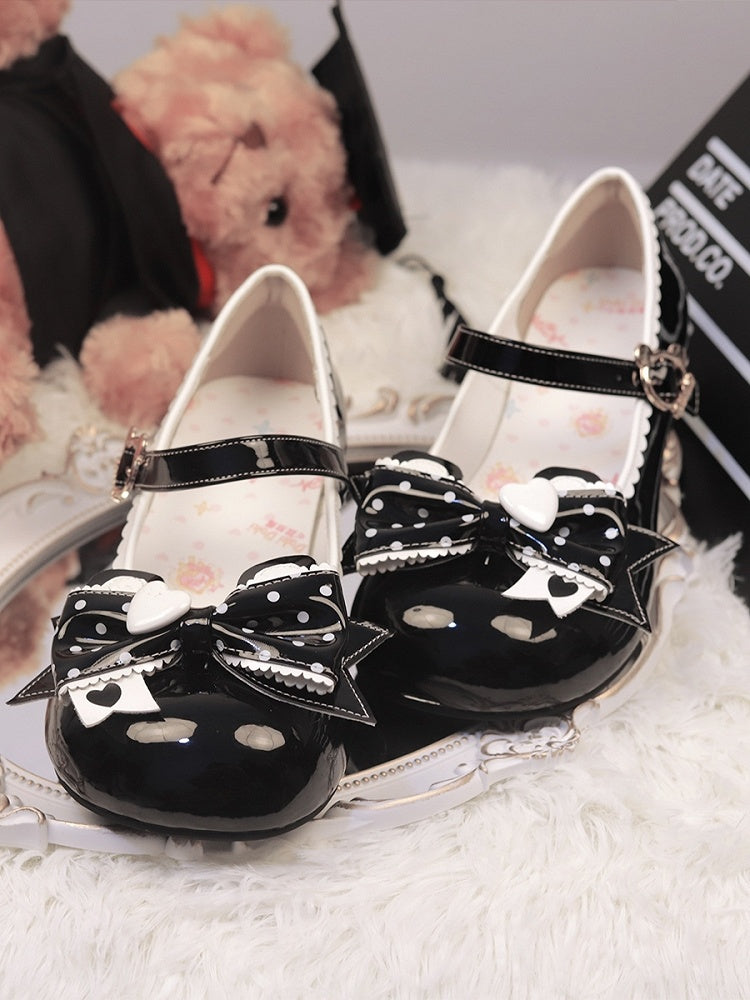 Low Fastener Ear Dot Black PU Bear Leather Heels Print Bow - Lolita