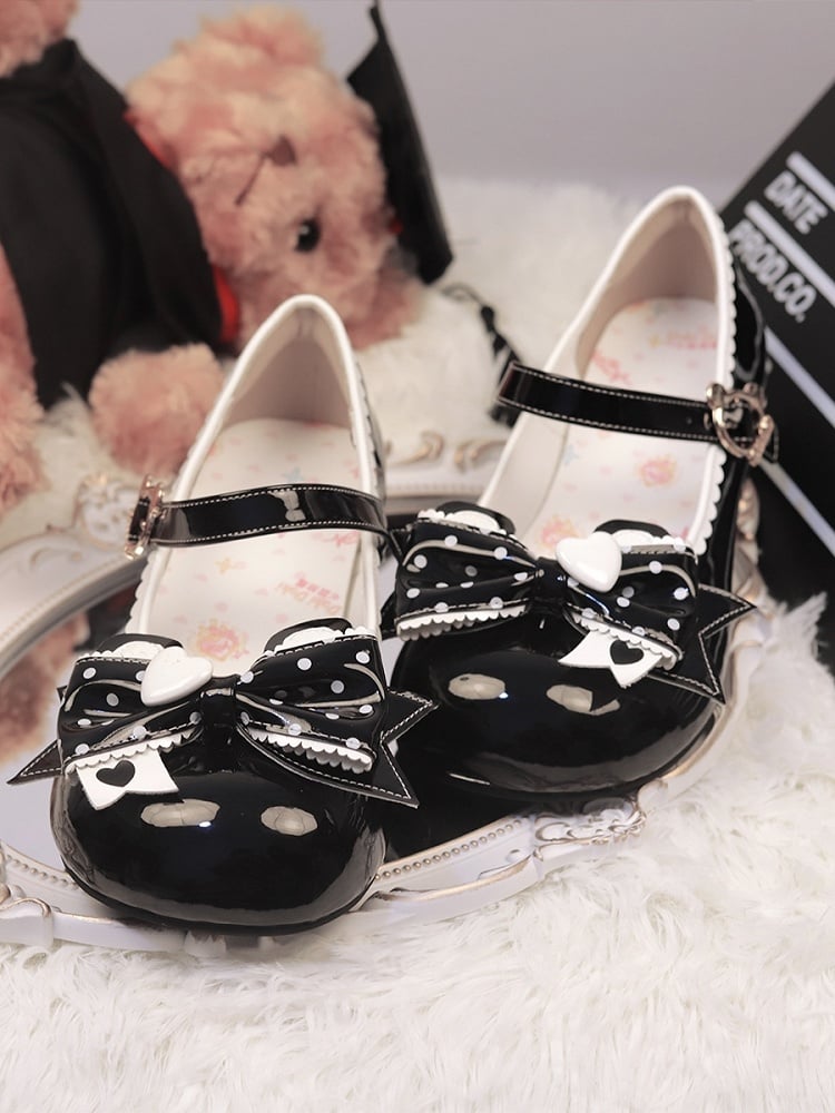 Print Black Bear Lolita Bow Low Dot Ear - Fastener Leather PU Heels