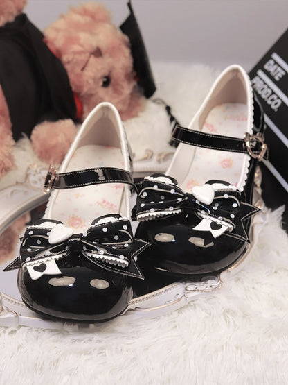 Print Black Bear Lolita Bow Low Dot Ear - Fastener Leather PU Heels