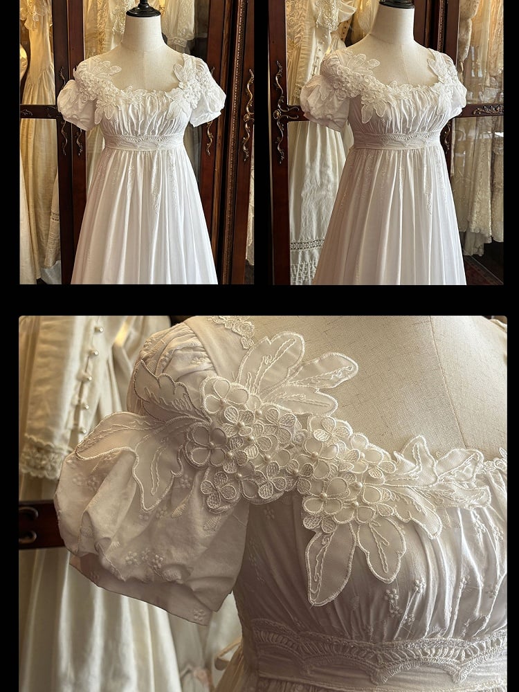 High-Waisted Empire Lolita One-Piece Gown with Lace Embroidery - Vivian's Quilt Studio