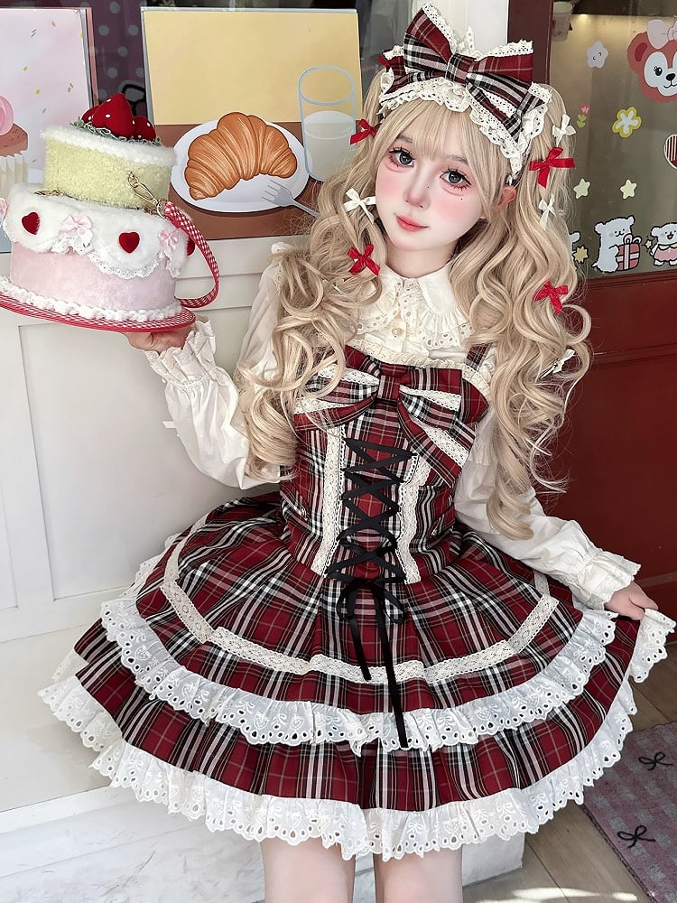 Plaid Dress Red Trim Flutter Sleeves Sweet with Lolita Lace