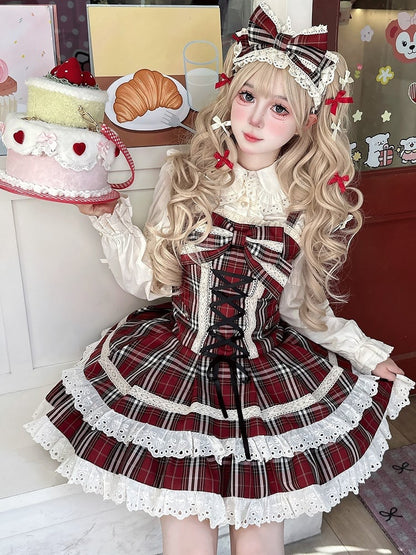Plaid Dress Red Trim Flutter Sleeves Sweet with Lolita Lace