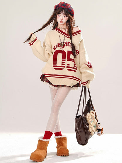 Apricot Numbers Preppy Style V-neck Loose Sweater