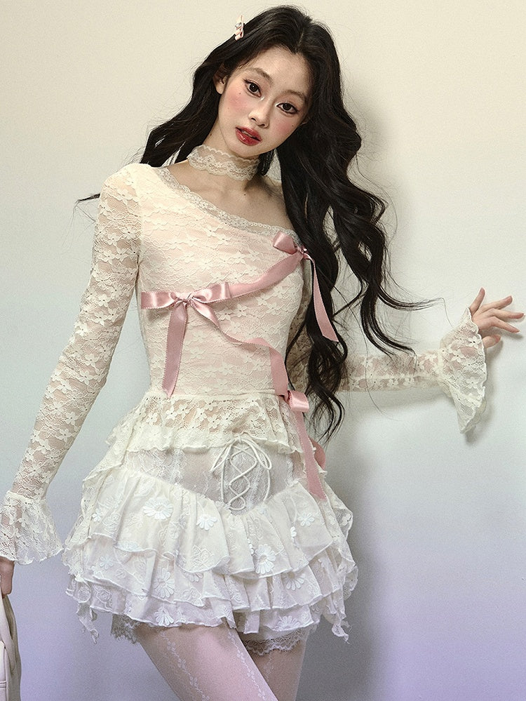 Apricot Ribbon Bow Detail Asymmetrical Neckline Lace Top