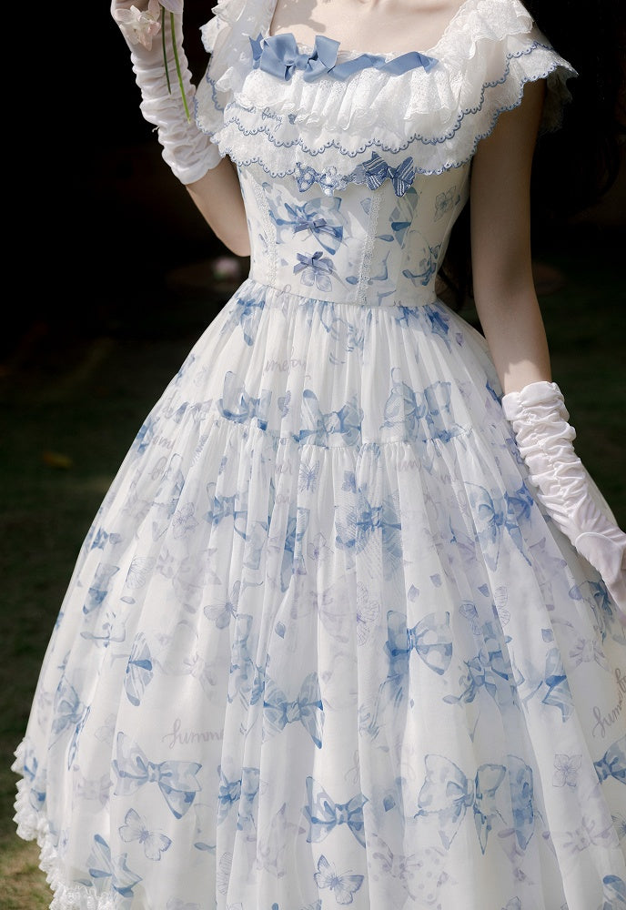 Blue Bows and Butterfly Print Lolita Dress Two Ways Wear Neckline