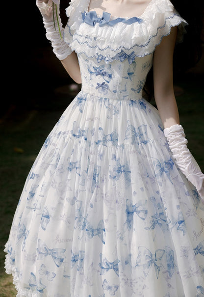 Blue Bows and Butterfly Print Lolita Dress Two Ways Wear Neckline