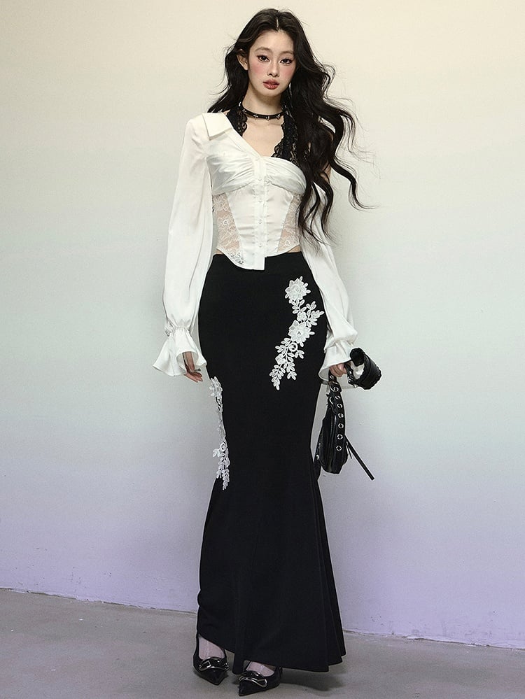 ブラックフローラル刺繍ハイウエストマーメイドスカート