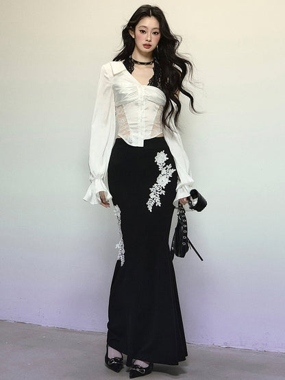 ブラックフローラル刺繍ハイウエストマーメイドスカート