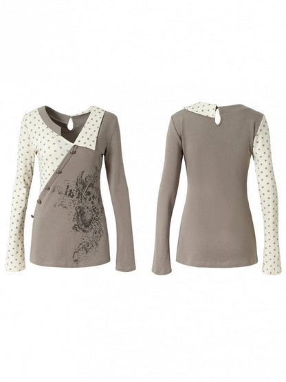 Gray Motif Y2K Gothic Sleeve Vintage Punk Knit Print Heart Top with Star