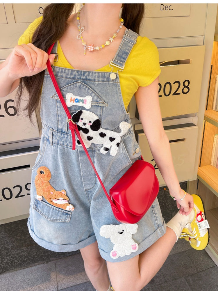 Blue High Denim Overalls Waist and Puppy Appliques with Kitty Detachable