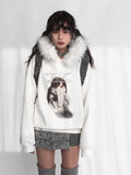 Hooded Detachable Girl Cartoon Print Trim Sweatshirt Hood Kawaii - Daily with Plush Letter
