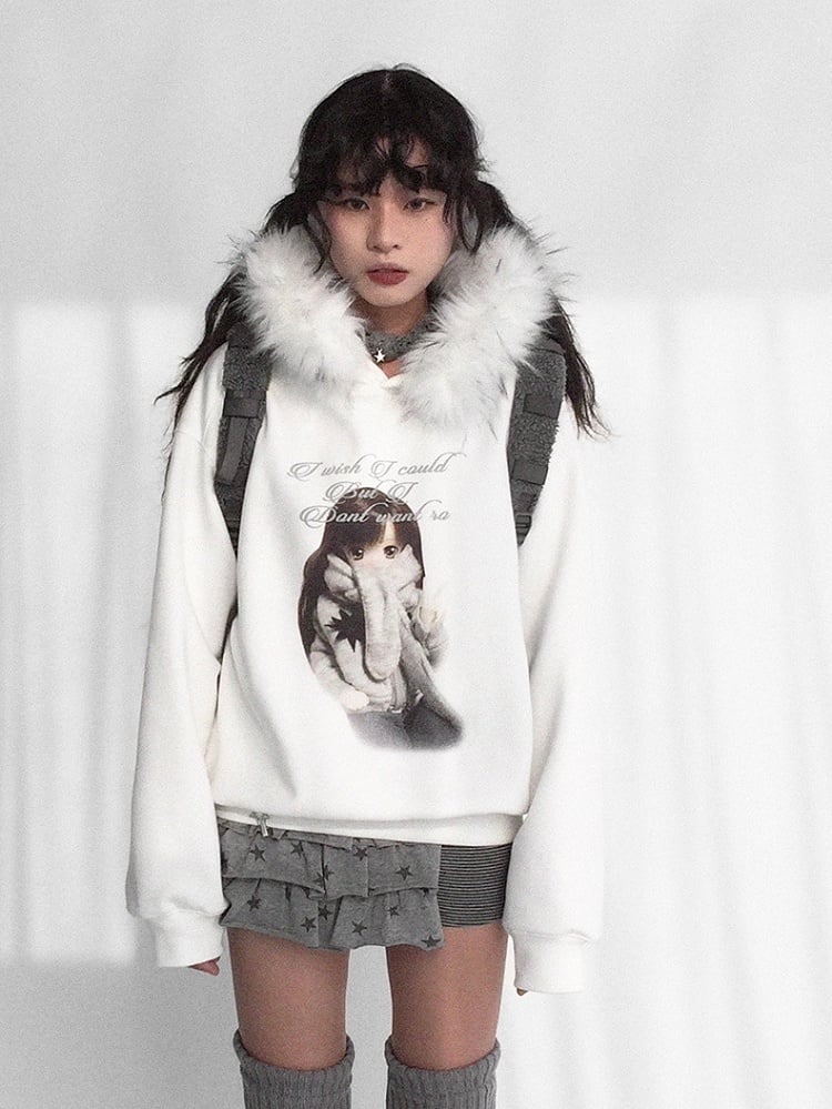 Hooded Detachable Girl Cartoon Print Trim Sweatshirt Hood Kawaii - Daily with Plush Letter