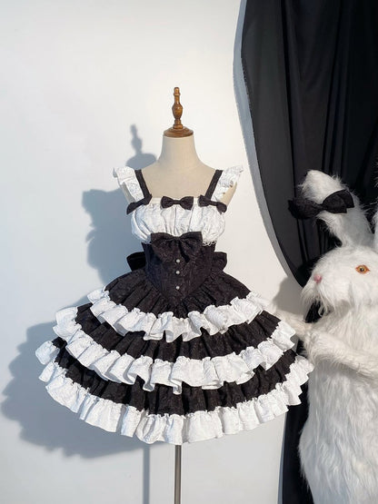 with Waist Tiered White Cute JSK Ruffle Bow Lolita Decorations Black and Boned