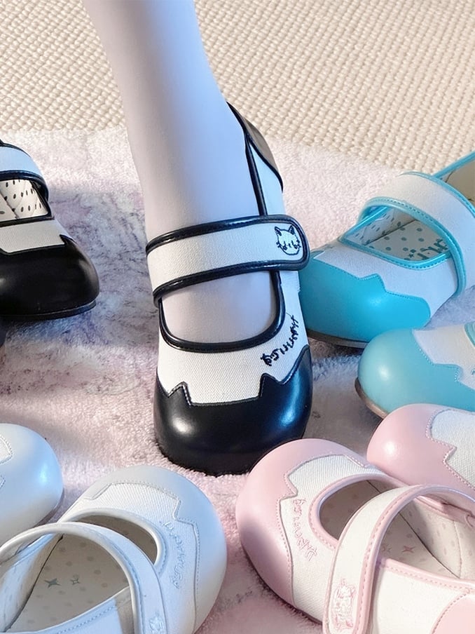 Flats Black Kitty Ears Mary Toe with Jane - Round