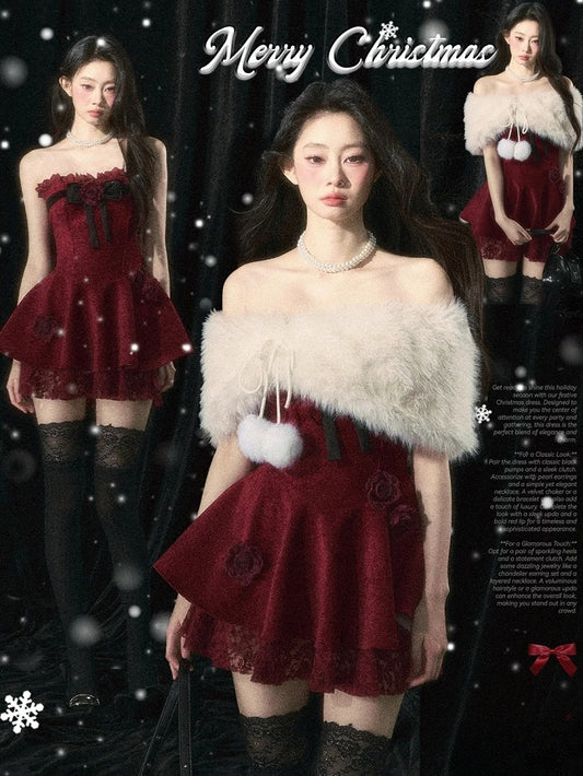 Roses Embellishments Christmas Wine Red Strapless Dress with Plush Shawl Set