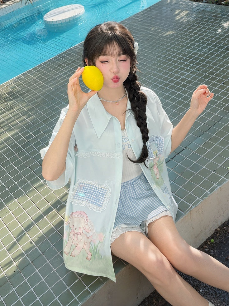 チェック柄アップリケ ラムプリント ライトグリーン シフォン レーストリム シャツ