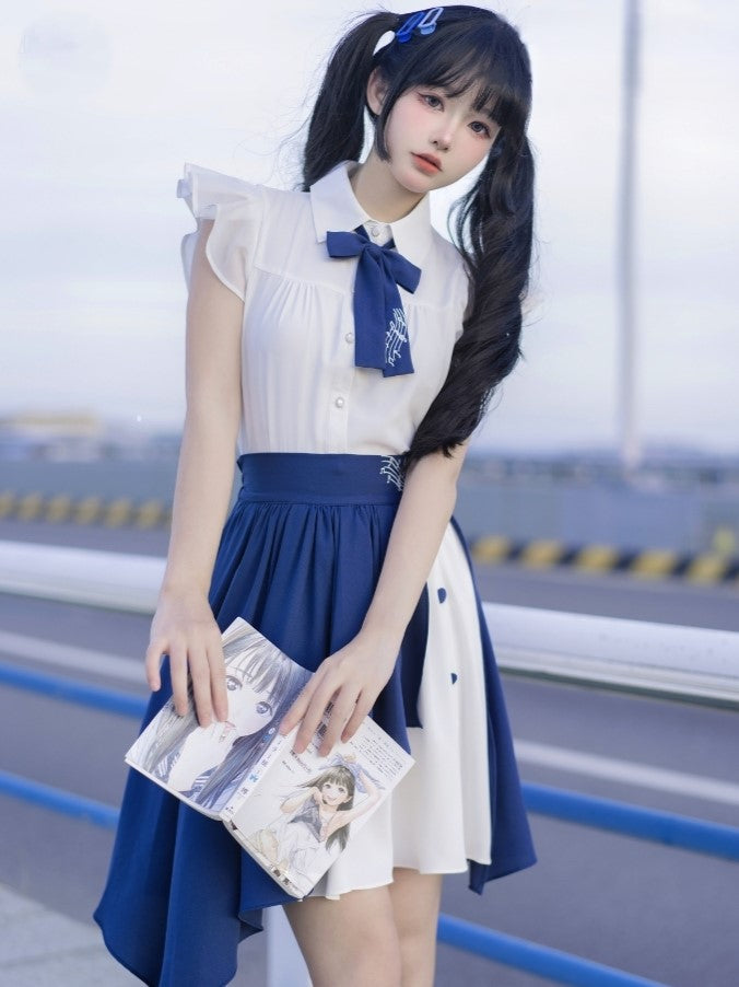 Bow Blue White Blouse Music with Note Flutter Tie Sleeves