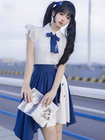 Bow Blue White Blouse Music with Note Flutter Tie Sleeves