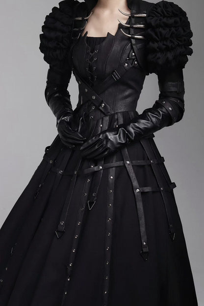 Black Gothic Lolita Jumper Dress with Birdcage Leather Straps & Rivets - FOXTROT