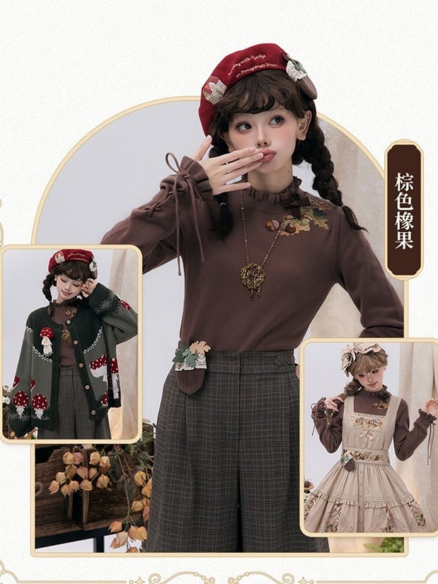 Schnürung Braun Tannenzapfen Strickbündchen Top Ausschnitt Stickerei Herbst