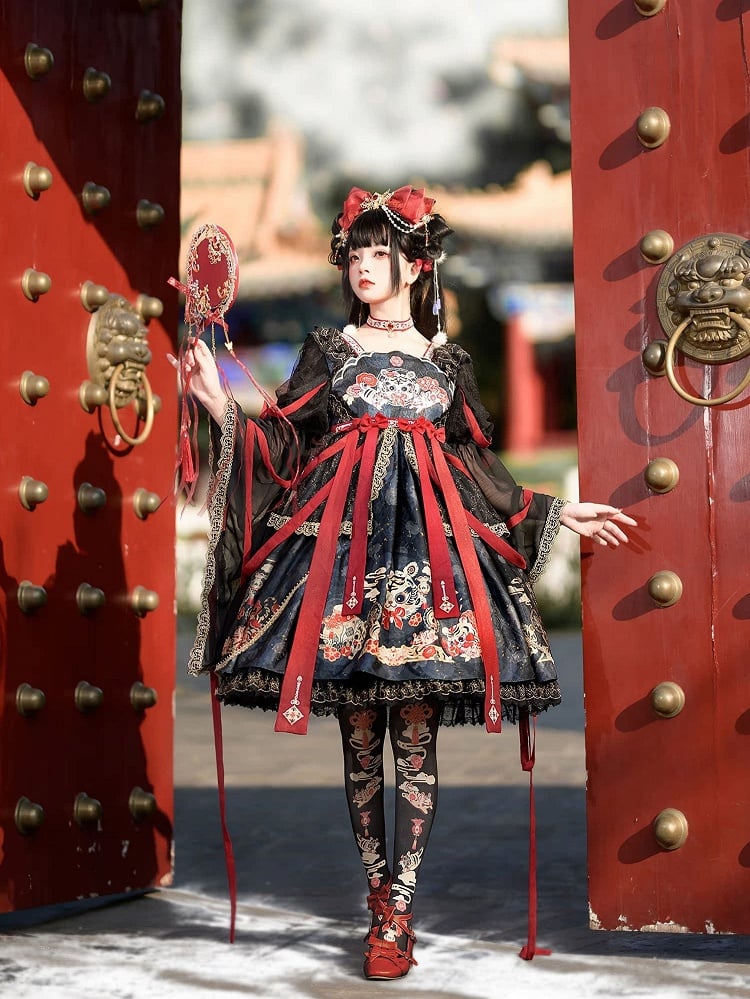 Chinoiserie Lolita Black Tiger & Auspicious Cloud Print Tights