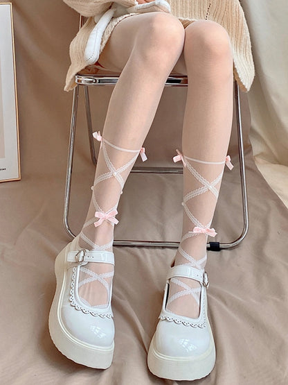 Tights Creamy Design Straps Bow White