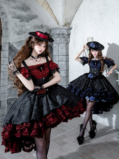 Gothic Underbust JSK Dress with Off-Shoulder Blouse, Red & Black, High-Low Skirt - Sheer Ocean