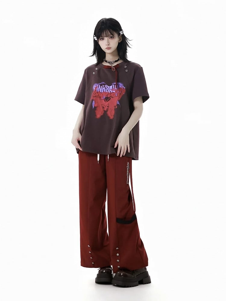 Straight-Leg Pants Red Drawstring Waist Stud Details