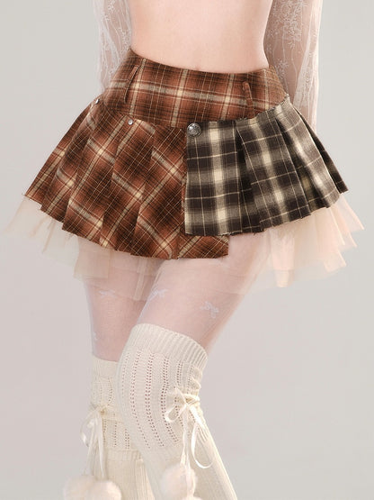 ブラウンプリーツミニチェック柄パッチワークスカートデザインメッシュ