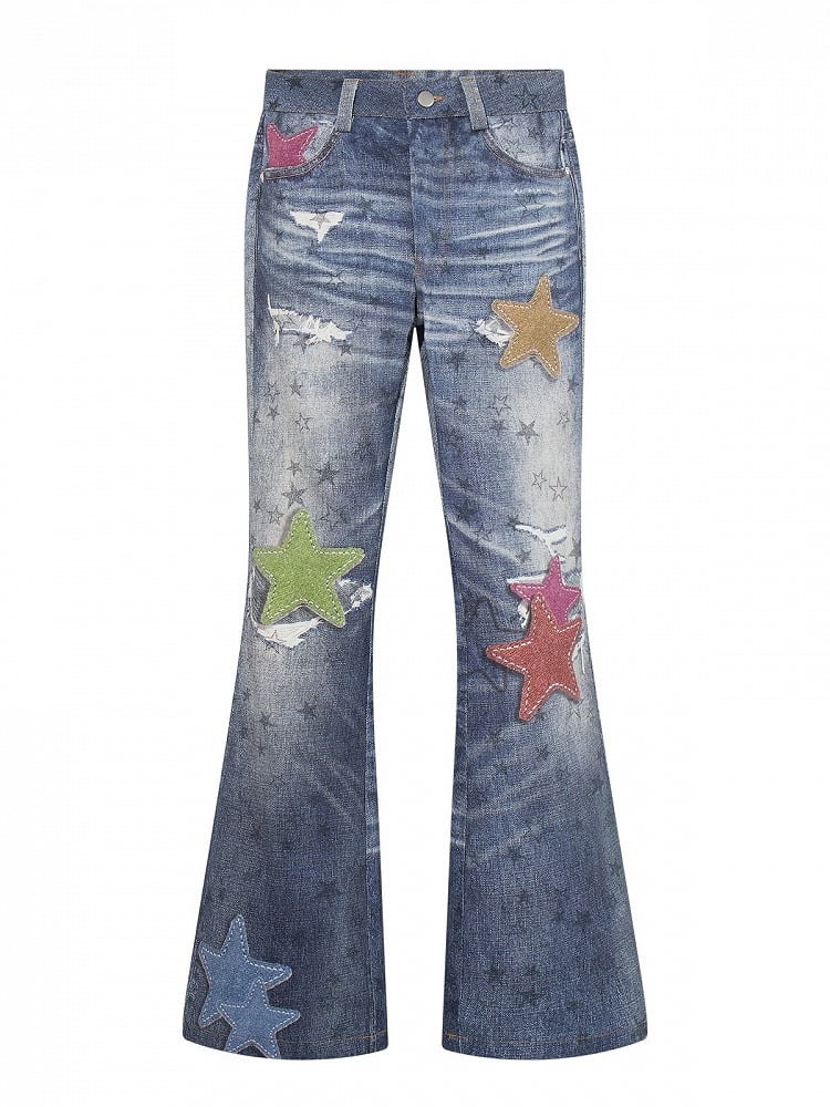 Vintage Kawaii Blue Star Print Flare Jeans - Languid Park