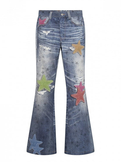 Vintage Kawaii Blue Star Print Flare Jeans - Languid Park