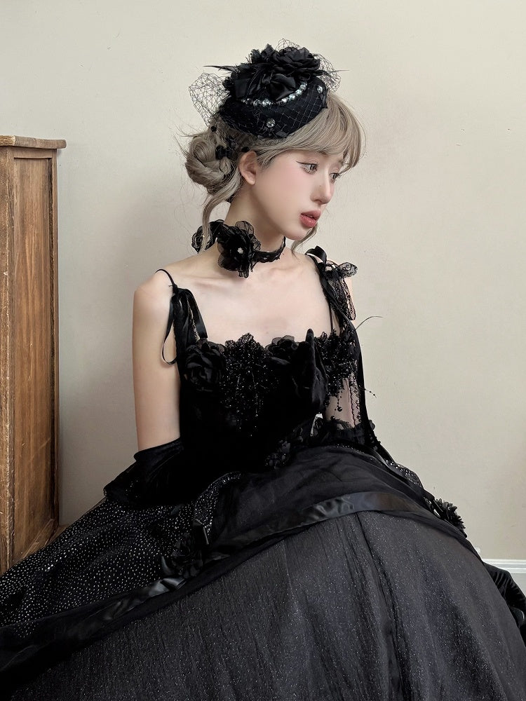 Mesh Hat and Black Mini Decorated Bows Flowers