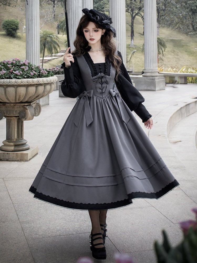 Elegantes Lolita-Kleid mit quadratischem Ausschnitt und langen Bischofsärmeln in Schwarz und Grau