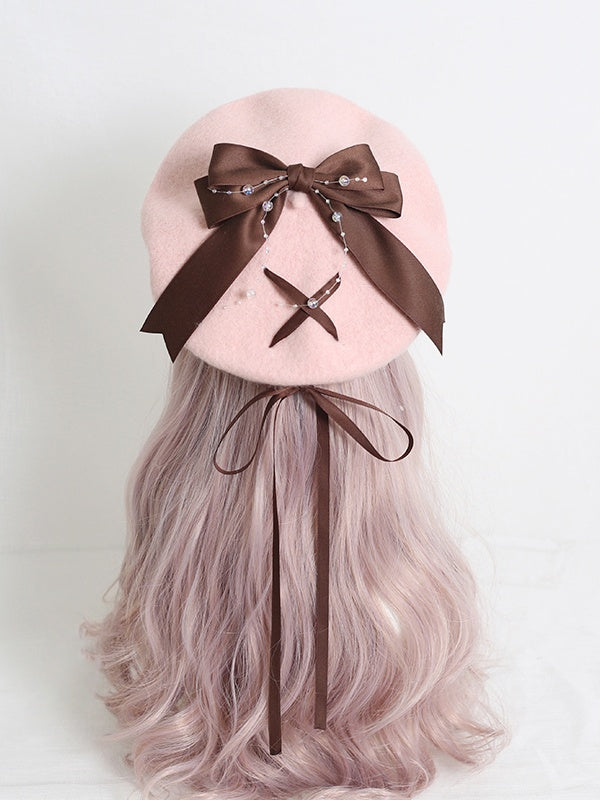 Lolita Beret Ribbon Pink 4-Color Sweet Bowknot Optional With